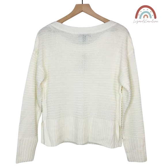 New! Ribbed Knit Boatneck Shoulder Buttons Split Hem Ivory Cream Sweater - Picture 2 of 11